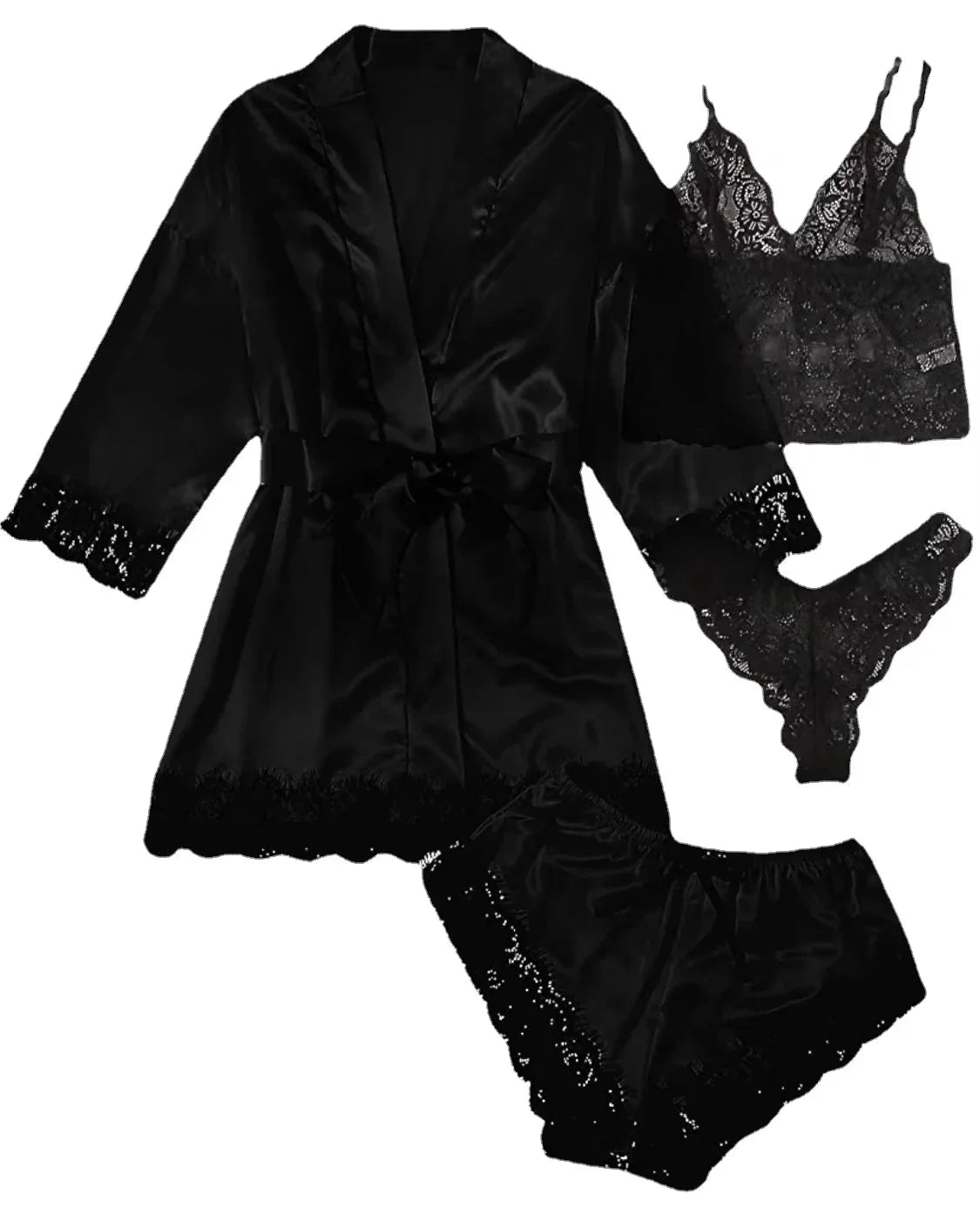 2025New Women's Pajama Fashion 4-piece Set Lace Satin Strap Sexy Pajama Set Dress Skin friendly Comfortable Casual Pajama Skirt