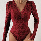 Sexy White Lace Bodysuit Women Solid Color Long Sleeve Sheer Corset Top Autumn Ruffles V Neck See Thourgh Slim Fit Jumpsuit