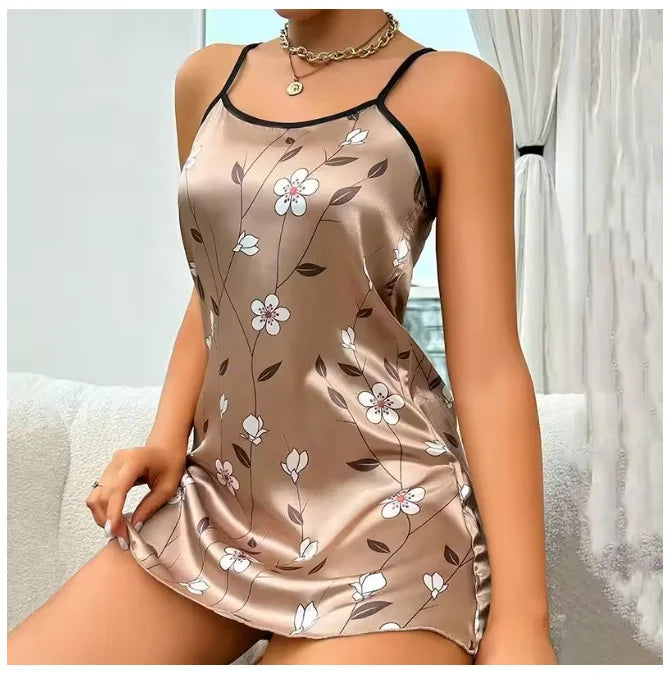 Women's Sleepwear Summer Floral Print Satin Nightgown Casual Sleeveless Backless Slip Night Dress Sexy Nightdress Home Clothes