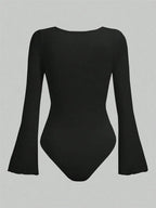 Women's Solid Color Ruffle Hem Flare Long Sleeve Bodysuit Autumn Winter 2024 Round Neck Plain Ruched Slim Fit Romper Top