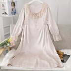 Female Long Nightdress Sexy Hollow Lace Sleepwear Home Dress Palace Style Princess Nightgown Nightwear Casual Satin Loungewear