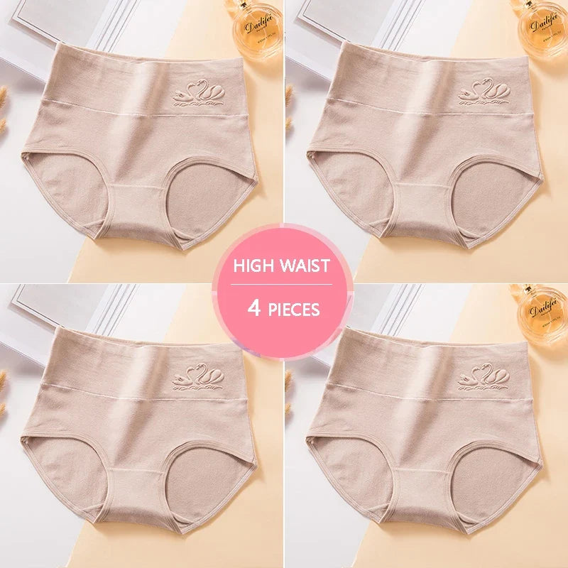 Plus Size M-5XL 4Pcs/Set High Waist Cotton Panties Women Body Shaper Underwear Soft Print Girls Briefs Slimming Female Lingerie