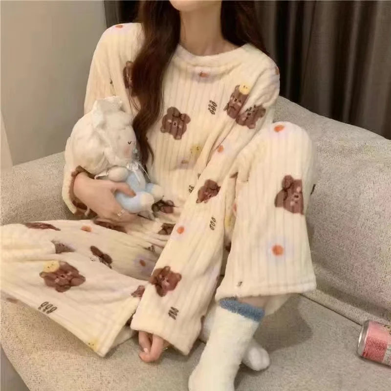 Thiened Long Sve Coral Fce Pajamas Women's Winter Home Clothes Set Cute Cartoon Print round Ne Spwear Set for Youth