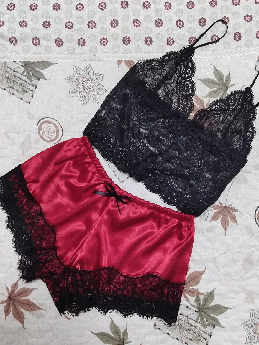2 Pieces Pajamas Set for Women Sleepwear Sexy Lingerie Lace Silk Crop Tops and Shorts Sets Casual Nightwear Pijamas