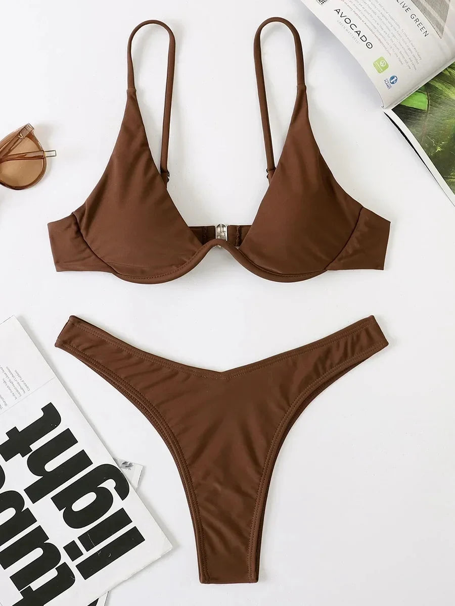 Sexy Neon V-bar Underwired Bikini 2025 Female Ribbed Swimsuit Women Thong Swimwear Two-pieces Bikini set Push up Bathing Suit