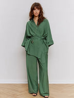 Mozuleva Women's Long Sleeved Pajama Set New Autumn Green Lace Up Pajamas Loose Pants Leisure Home Clothing 2-piece Set