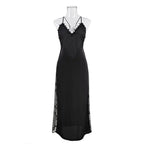 Women Backless Kimono Dressing Gown Sexy Perspective Nightgown Satin Sleepdress Lace Patchwork Nightwear Ultra Long Loungewear