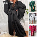 Sexy Long Solid Lace Patchwork Silk Satin Bathrobe Women Flare Sleeve Loose Court Style Nightwear Lace Trim Robes Loungewear