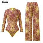 Riseado Mesh Swimsuit with Long Pants & Swimdress Long Sleeve Mesh Beachwear Sexy High Waist Bathing Suit Smart Beach Clothing