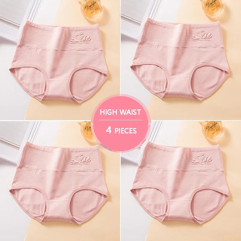 Plus Size M-5XL 4Pcs/Set High Waist Cotton Panties Women Body Shaper Underwear Soft Print Girls Briefs Slimming Female Lingerie