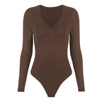 Sexy Solid Black White Bodysuit Women's V Neck Long Sleeve Slim Bodycon One Piece Jumpsuit Top