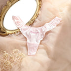 Sweet Pink Satin Silk Ruffle Thong Sexy Low Waist G-String Briefs for Women Ice Silk Underwear Female Intimates Lingerie