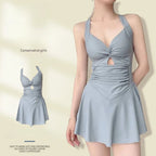 Swimming Suit for Women Solid Color Slimming One-piece Dress Style Conservative Waist Tightening Slimming Vacation Swimsuit
