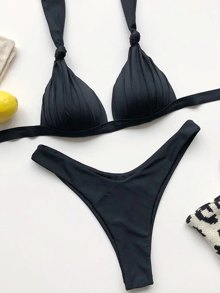 2025 Halter Bra Cup Bikini Sexy Swimsuit Female White Swimwear Women Push up Bikini set Brazilian Bathing Suit Bandeau Swim suit