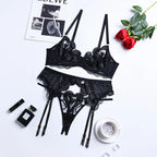 Tornova Sexy 3-piece Lace Underwear for Women Solid Color Mesh Embroidery Patchwork See-through Women's Garters Lingerie Suit