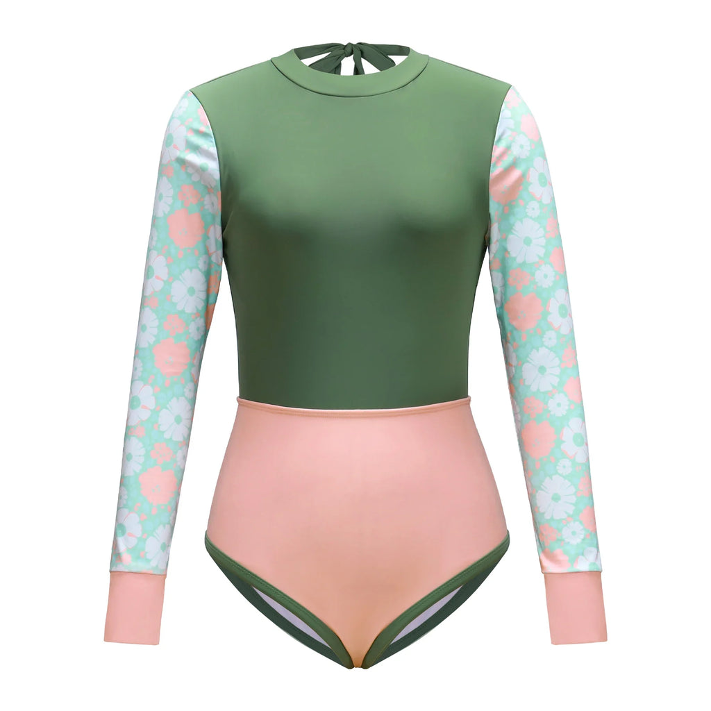 Vintage Mesh Print Swimming Suit for Women Long Sleeve High Waist One Piece Swimsuit 2025 Beach Bathing Suit Купальник