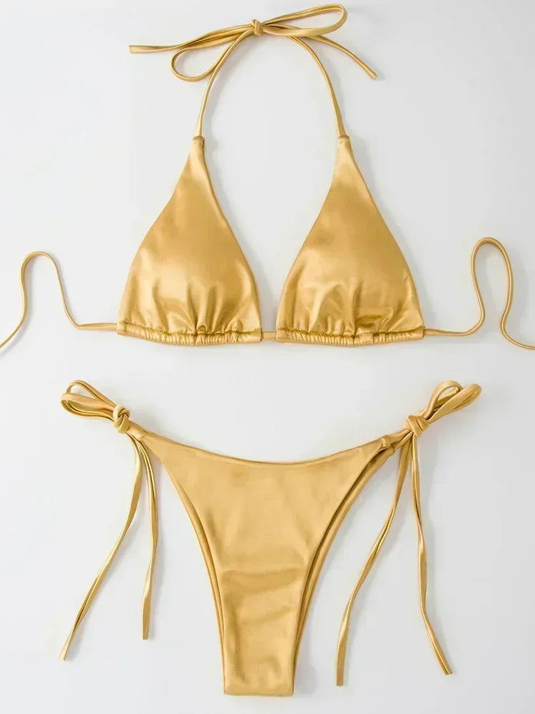 Halter Brazilian Metallic Satin Bikini Women Swimwear Female Swimsuit Two-pieces Bikini Set High Cut Bathing Suit Swim Beachwear