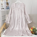 Female Long Nightdress Sexy Hollow Lace Sleepwear Home Dress Palace Style Princess Nightgown Nightwear Casual Satin Loungewear