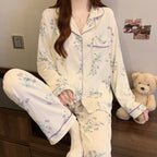 Pink Bow Tie Design Pajamas for Women Long Sleeve Top & Elastic Waist Pants Pajamas Set Harajuku Style Casual New Home Wear