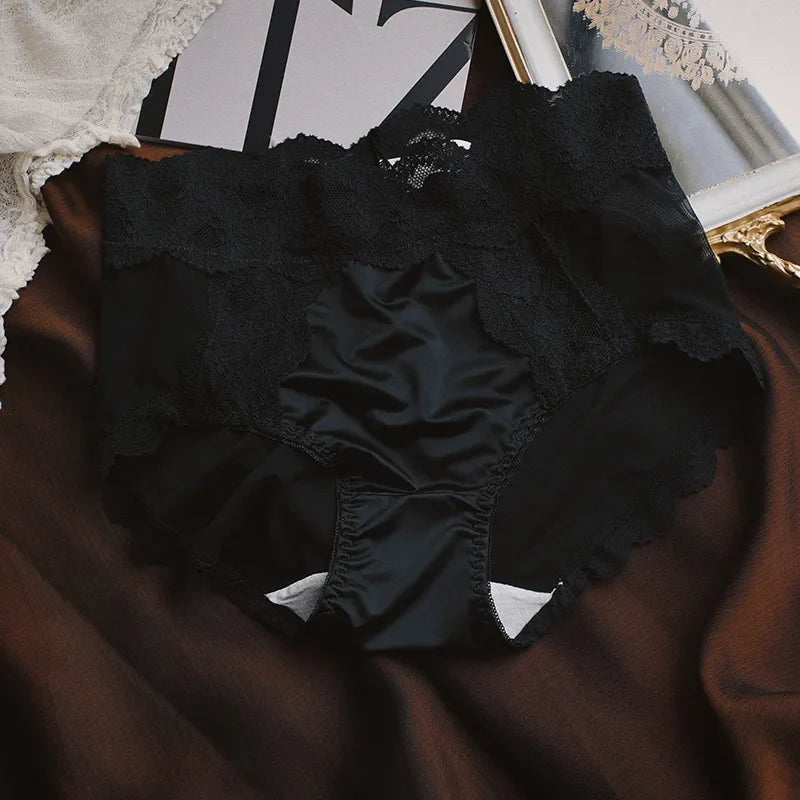Women Luxury Lace Exquisite Sexy Mesh Transparent Satin Panties Elasticity Breathable Middle Waist Underwear Embroidery Breifs