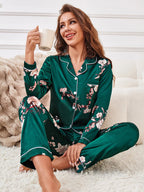 Floral Print Contrast Piping Satin Pajama Set,Women's Sleepwear & Loungewear Button Up Lapel Top & Pants Pj Set