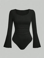 Women's Solid Color Ruffle Hem Flare Long Sleeve Bodysuit Autumn Winter 2024 Round Neck Plain Ruched Slim Fit Romper Top