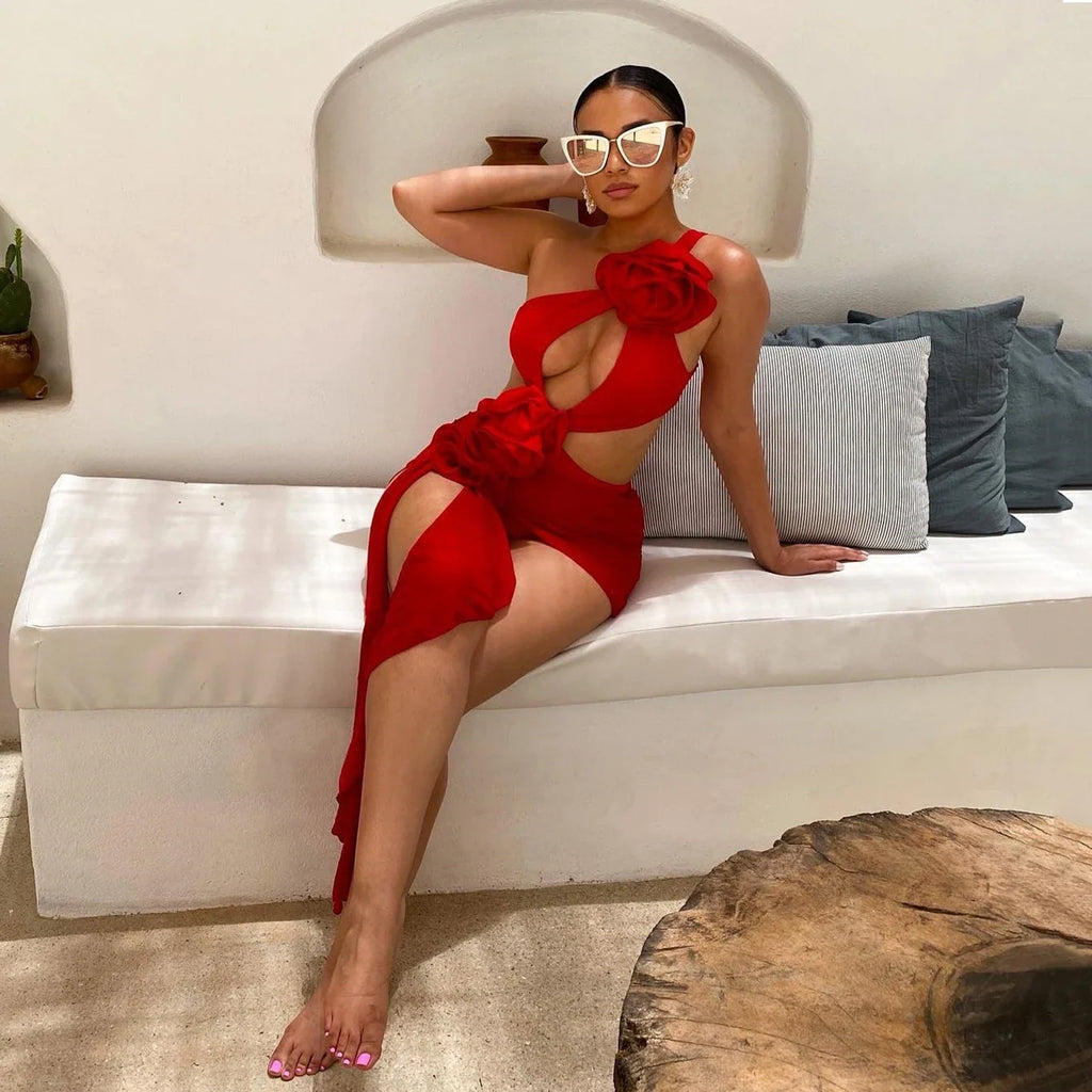 2026 Red Flower Swimsuit With Cover Up Desire Swim Suit Luxury Women Swimwear Sexy Hollow Bikini Beachwear Bodysuit Bathingsuit
