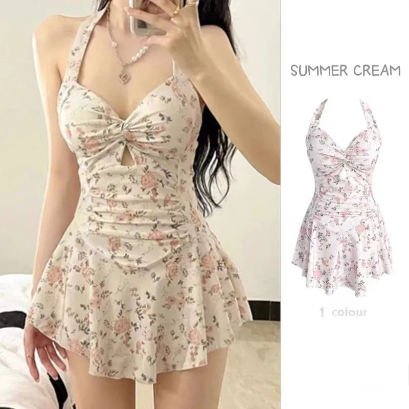 Women Korean Sexy One Piece Swimsuit Tummy Control Slimming High Waisted Bathing Suit Hot Spring Beachwear Elegant Swimsuit
