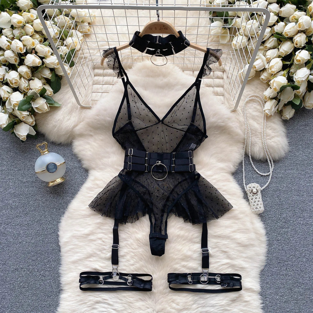 ssTss Ins trendy Girl Sexy Mesh Bottom Strap V-neck one-piece Top bodysuit women's Slimming Waist Ruffle Hemp Vest Jumpsuit