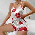 Heart Print Satin Pajama Set for Women Sexy V Neck Sleepwear Summer Cami Tops and Shorts Pajamas 2 Piece Loungewear Home Clothes