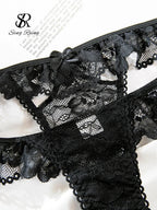 SINGREINY Hotsweet Lace Night Underwear Suits Women Strap Sheer Mesh Bra+Ruffles Thongs 2025 Erotic Lingerie Two Pieces Sets
