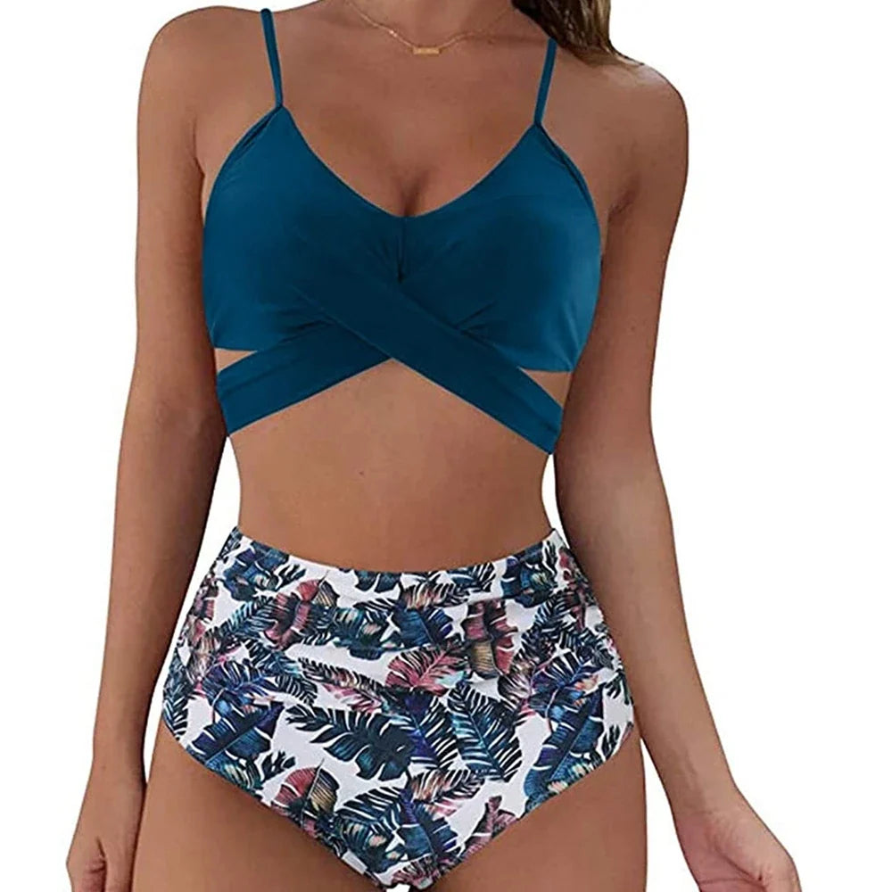 Hot 12 Colors Women Slim Bikini Sets High Waisted Sexy Swimwear 2 Pieces 2025 Solid/Floral Ruched Brazilian Swimsuit Cross Front