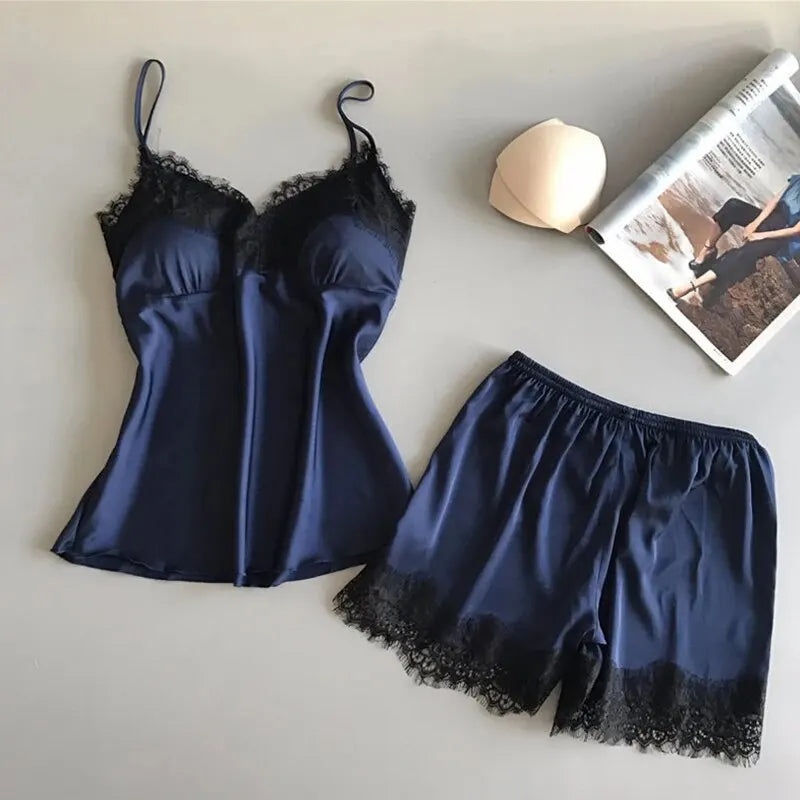 Women Pajama Suit Fashion V-Neck Lace Sexy Lingerie Pyjamas Sleep Shorts Set Sleepwear New