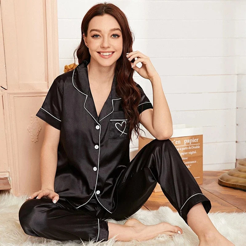 Women‘s Striped Printed Silk Satin Pajamas Summer Nightwear Trouser Suits Satin Set Woman 2 Pieces Short Sleeve Sleep Tops Night