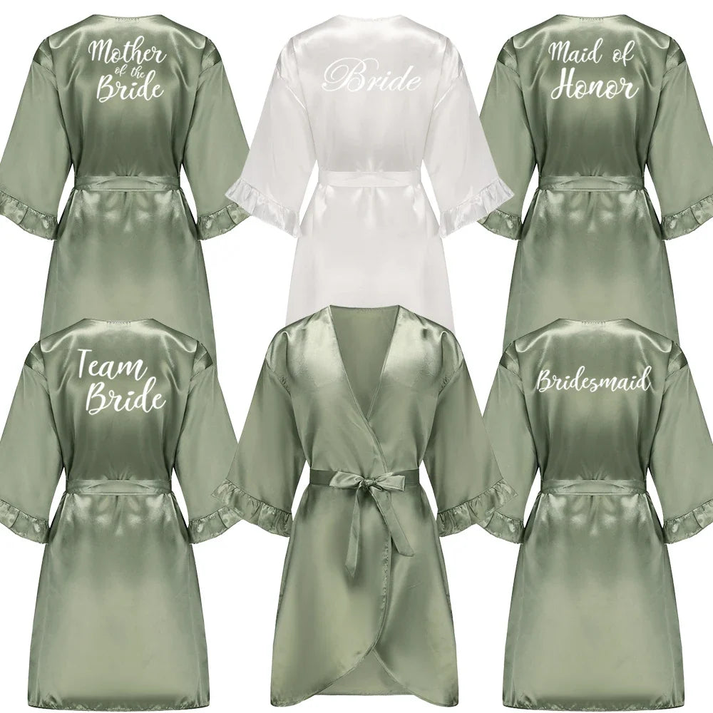 Grass Green Bride Satin-Silk Robe Women Bridal Party Sister Team Mother Shower Gift Bridesmaid Wedding Short Robes with Ruffle