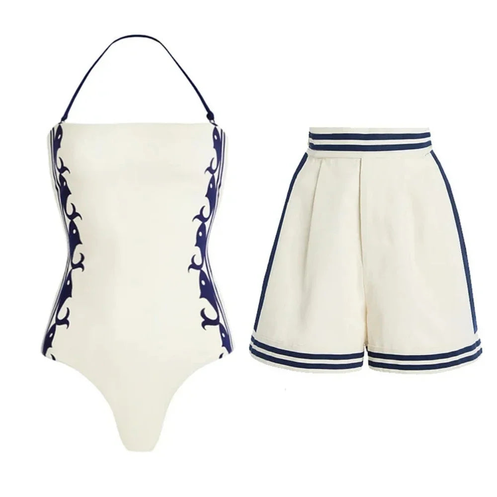 2025 Sexy Women's Swimsuit New Strapless Simple One-piece Swimwear with Shorts Two-piece Set Sliming Bodysuit Beachwear Monokini