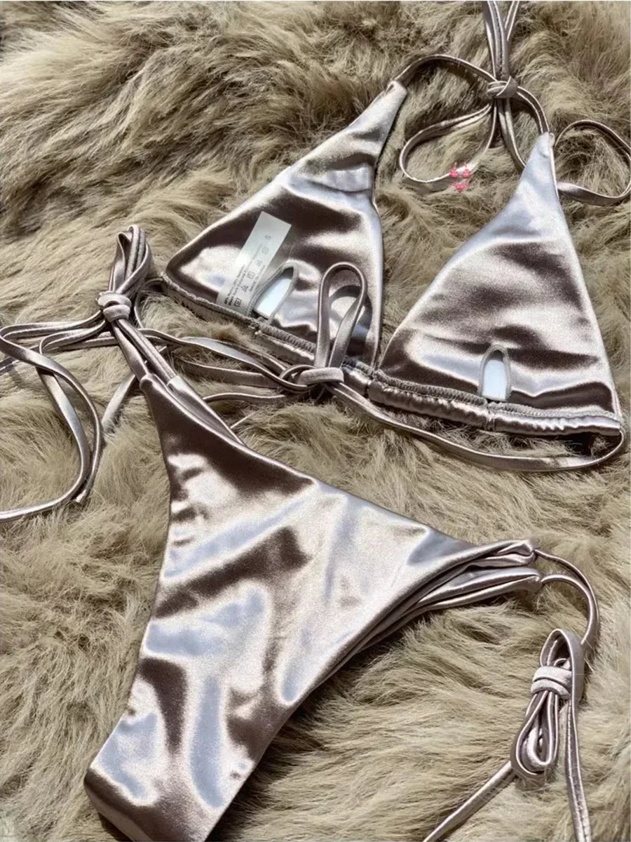 Halter Brazilian Metallic Satin Bikini Women Swimwear Female Swimsuit Two-pieces Bikini Set High Cut Bathing Suit Swim Beachwear