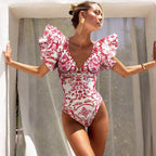 Strapy Swimsuit Women Retro Printed Swimwear 2026 V Neck Swim Suits Female High Waisted Bikinis Bathingsuit Bodysuit Beachwear