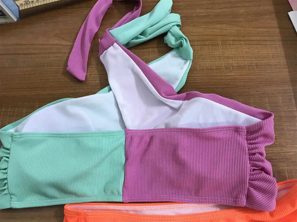 Multi S - XL Ribbed Cross Bikini Women Swimwear Female Swimsuit Two-pieces Bikini set High Waist Bather Bathing Suit Swim 2024