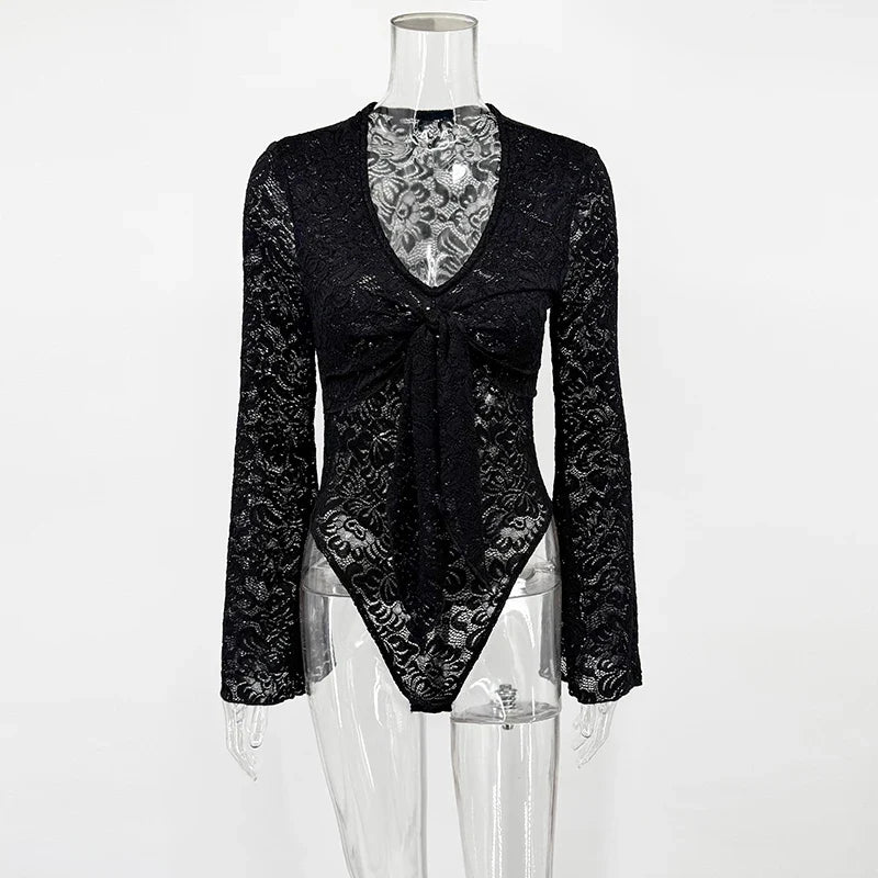 Tornova Lace Long Sleeve Sexy Bodysuits Women's Fashion Lace-Up V-Neck Twist Splice Sheer Jumpsuit Summer Party Female Bodysuits