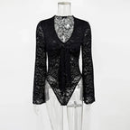 Tornova Lace Long Sleeve Sexy Bodysuits Women's Fashion Lace-Up V-Neck Twist Splice Sheer Jumpsuit Summer Party Female Bodysuits