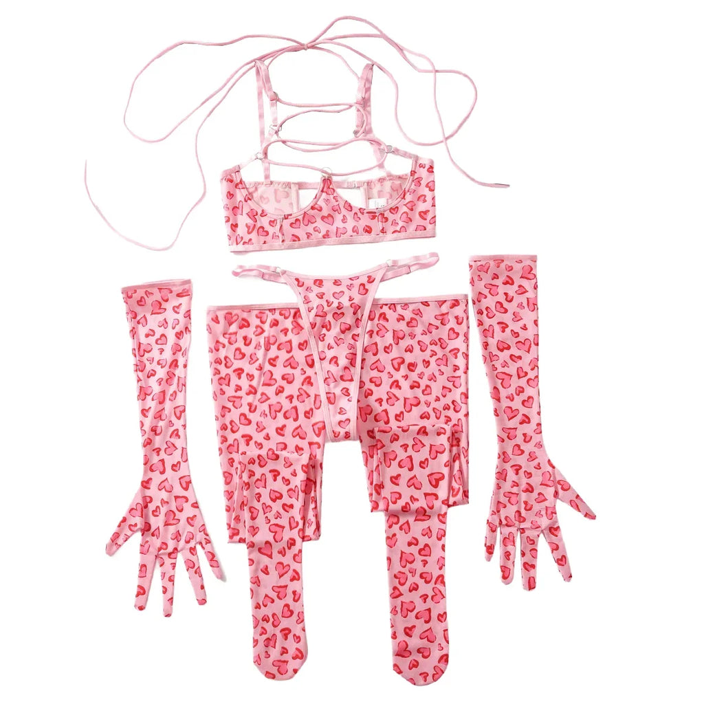 Cute Pink Leopard Print Bra Brief Set Women Hollow Out Lace Up Bandage Cross Underwire Garters Thongs Glove Costume Intimate Set