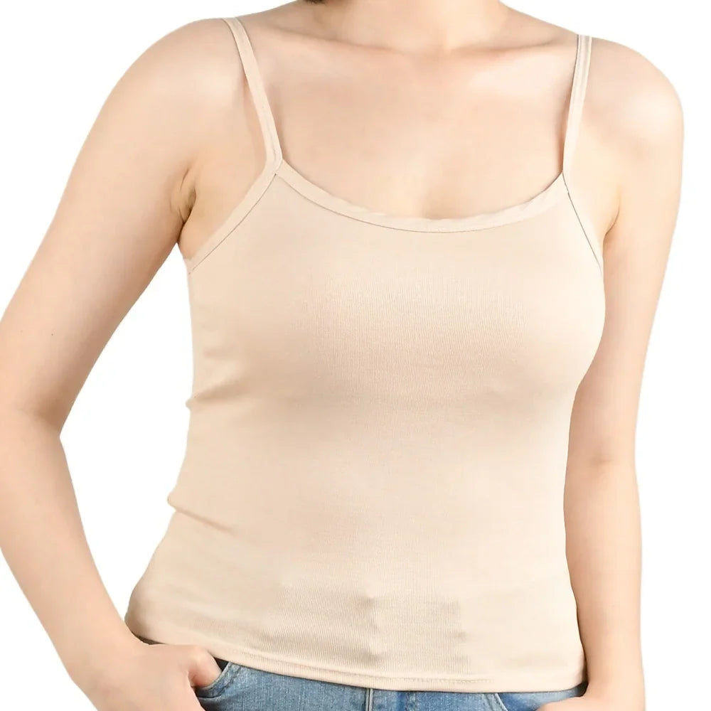 Sexy Summer Sleeveless T-Shirt  Spaghetti Strap Cropped Tank Top with Built-in Bra Fashion Solid Color Sporty Camisole