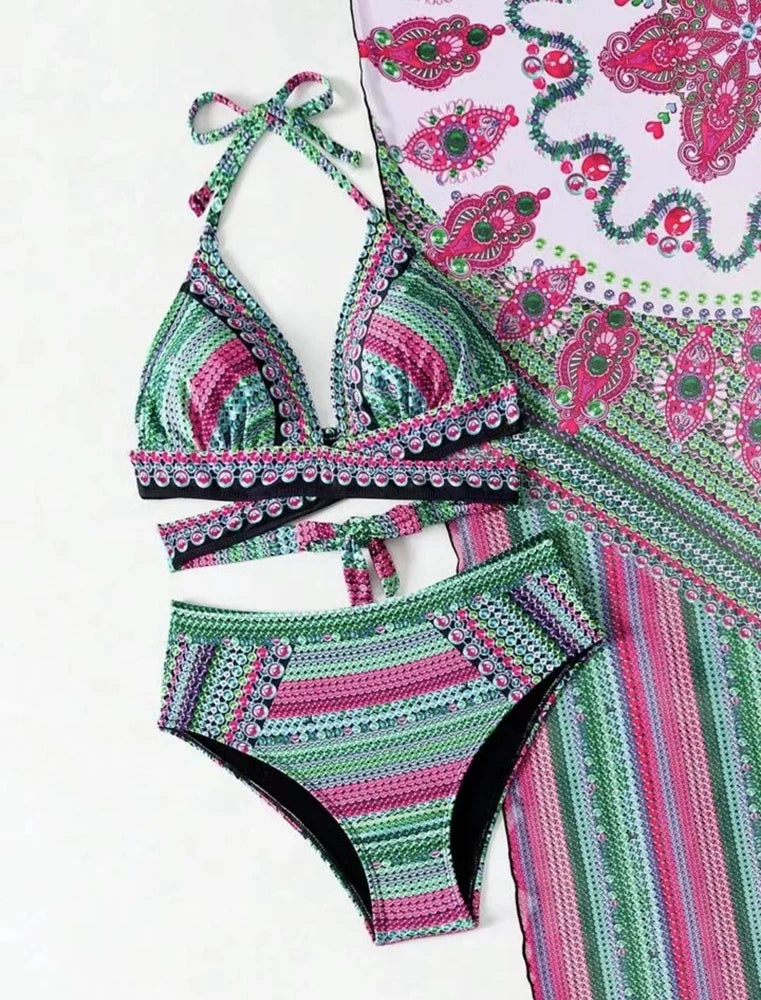 Vintage National Bikini Swimsuit With Mesh Cover Ups Cross Front Halter Bikini 3 Piece Set Blue/Green/Red High Waist Beachwear