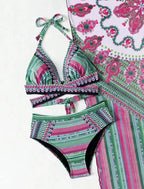 Vintage National Bikini Swimsuit With Mesh Cover Ups Cross Front Halter Bikini 3 Piece Set Blue/Green/Red High Waist Beachwear