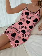 Love Heart Print Satin Sleepwear Dress for Women Sexy Spaghetti Strap Nightgown Soft Summer Loungewear Pajama Dress