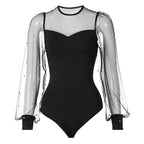 Women Pearl Mesh Puff Sleeve Bodysuit 2024 Fashion Long Sleeve Vintage Body Top Summer Fall Elegant Sexy Blouse Shirts Female