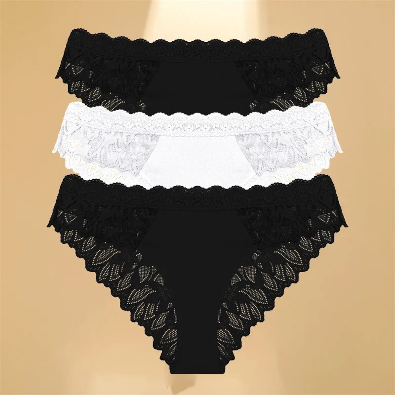 FINETOO 3Pcs Lace Hollow Out Underwear for Women Sexy Low-Waist Floral Briefs Female Invisible Breathable Lingerie Soft Intimate