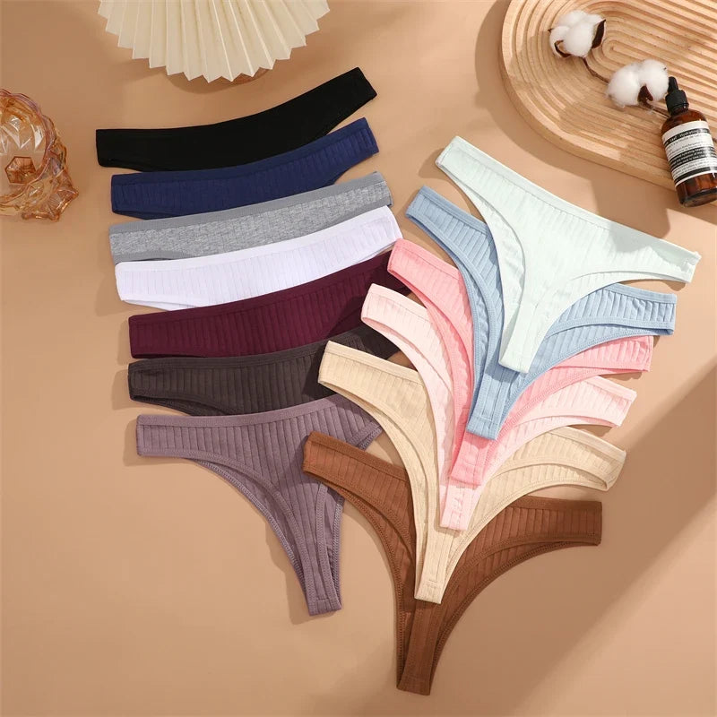 7PCS Women Cotton Striped Thongs Underwear Low Waist G-String Panties Sexy Breathable Solid Color T-Back Casual Bikini Lingerie