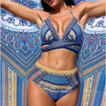 Vintage National Bikini Swimsuit With Mesh Cover Ups Cross Front Halter Bikini 3 Piece Set Blue/Green/Red High Waist Beachwear